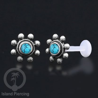 Silver Labret with stones, Bioplastic Push system, Anting Tindik Labret perak dengan batu