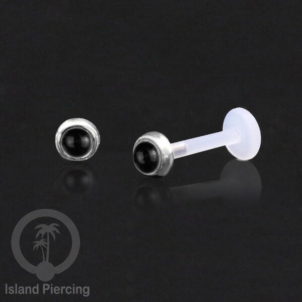 Tindik Labret bioplastik bagian depan Perak murni &amp; Batu. Bioplastic Silver labret with Push System