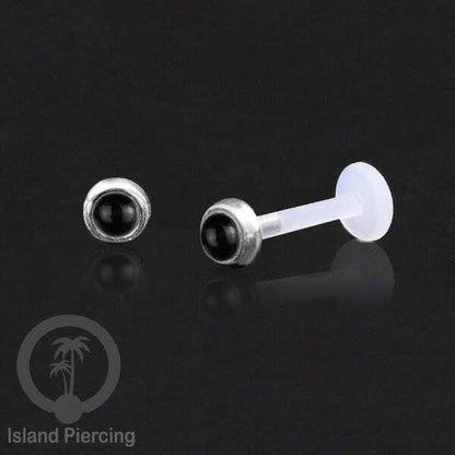 Tindik Labret bioplastik bagian depan Perak murni &amp; Batu. Bioplastic Silver labret with Push System