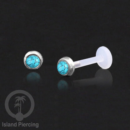 Tindik Labret bioplastik bagian depan Perak murni &amp; Batu. Bioplastic Silver labret with Push System