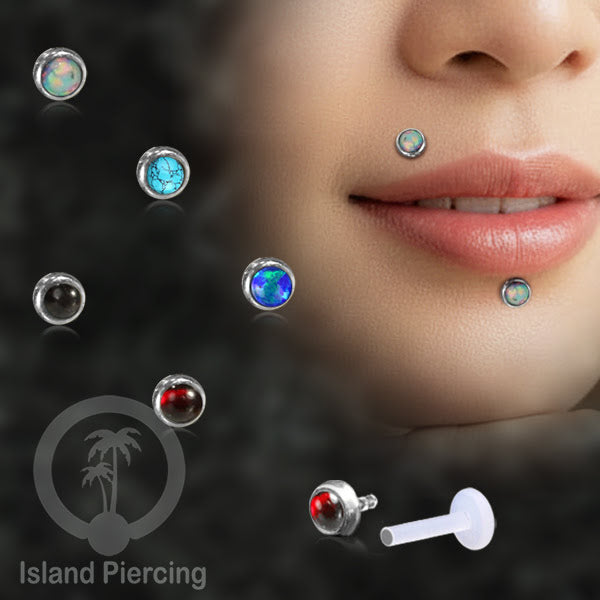 Tindik Labret bioplastik bagian depan Perak murni &amp; Batu. Bioplastic Silver labret with Push System