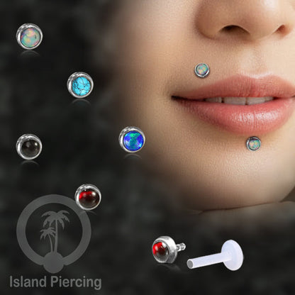 Tindik Labret bioplastik bagian depan Perak murni &amp; Batu. Bioplastic Silver labret with Push System