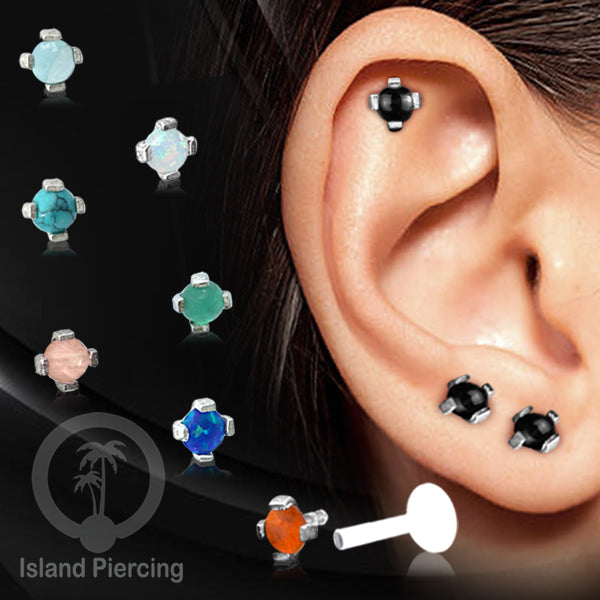 Anting Labret Silver asli dan batu, paku Bioplastik Sistem Push, 925 Silver Labret Piercing