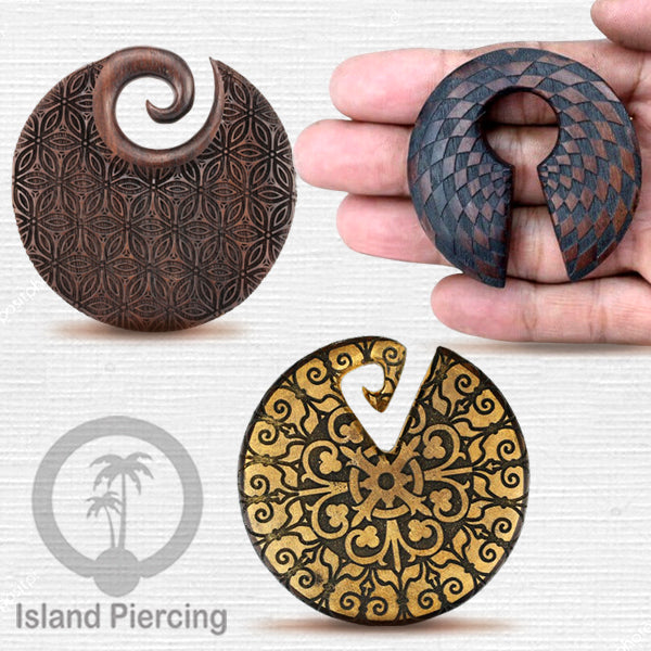 Tindik Anting Piercing Kayu Ear-weight untuk anting lubang besar dengan ukiran sangat menarik