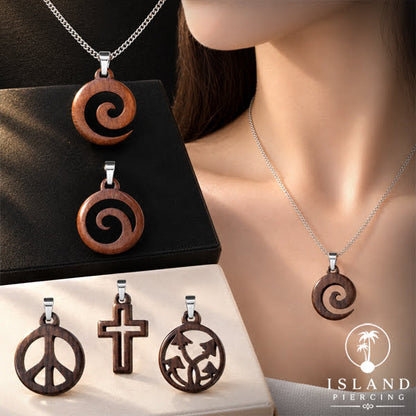 Kalung Tali Kulit dengan Liontin Kayu Popular Wood Pendant Necklace Spiral Peace Cross