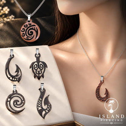Kalung Tali Kulit dengan Liontin Kayu Tribal Wood Pendant Necklace Maori hook Spiral Turtle