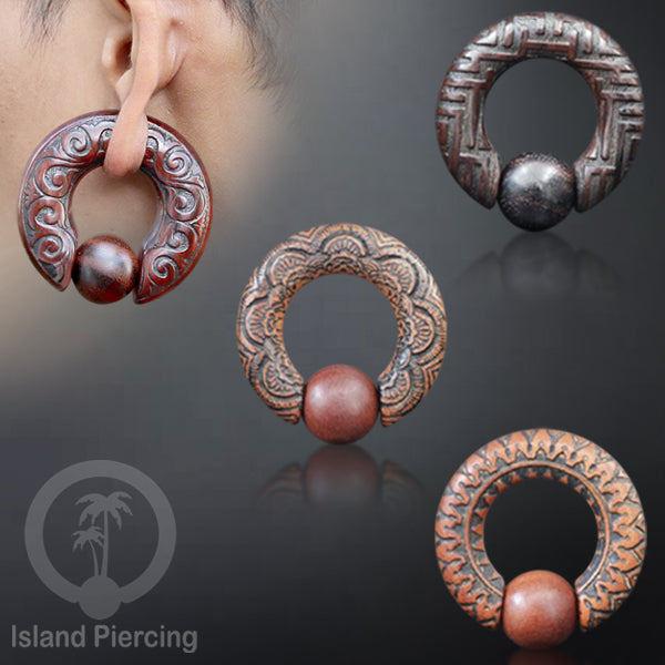 Anting Tindik kayu, Wood BCR piercing dengan ukiran pilihan banyak motif dan ukuran