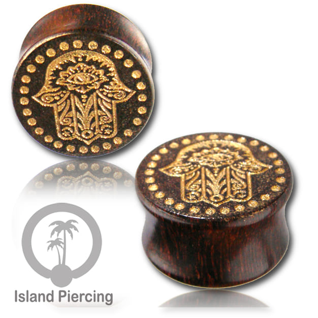 Ear Plug kayu tindik gauge besar dengan ukuran tangan dan inlay resin dan cat warna emas