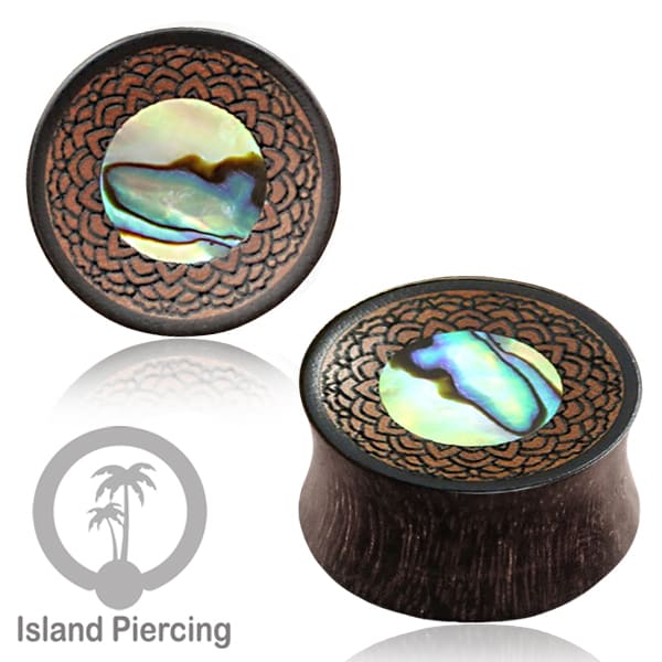 Wooden ear plugs engraviir dan pasang matu onyx dan kerang abelone Tindiik gauge besar yang istemewa
