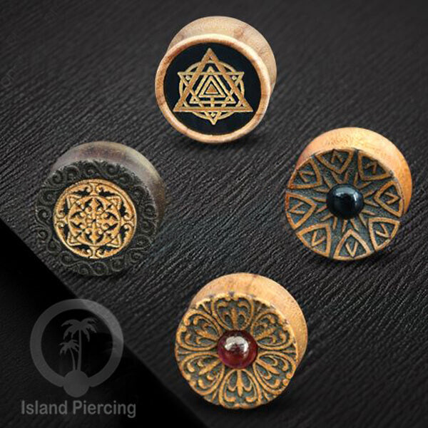 Ear Tunnel tindik buatan tangan dan engravir dengan tandung, batu Onyx dan Amethyst