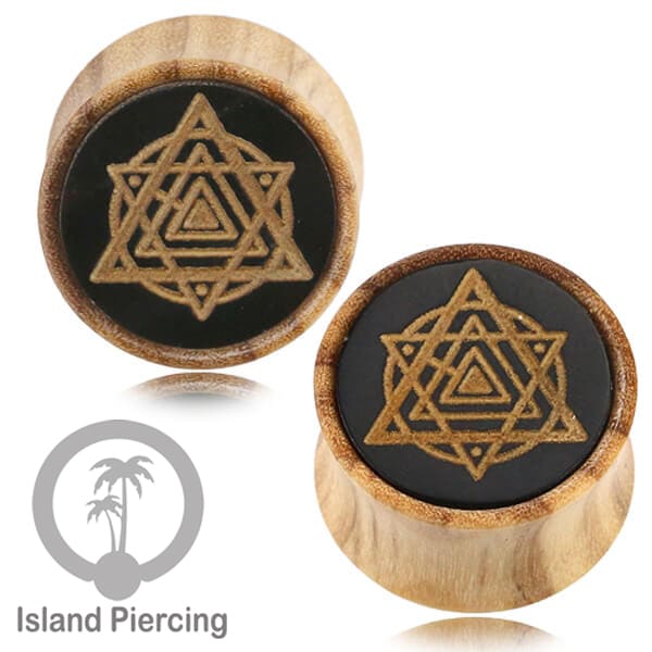 Ear Tunnel tindik buatan tangan dan engravir dengan tandung, batu Onyx dan Amethyst