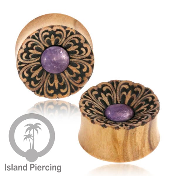 Ear Tunnel tindik buatan tangan dan engravir dengan tandung, batu Onyx dan Amethyst