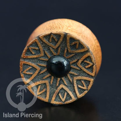 Ear Tunnel tindik buatan tangan dan engravir dengan tandung, batu Onyx dan Amethyst