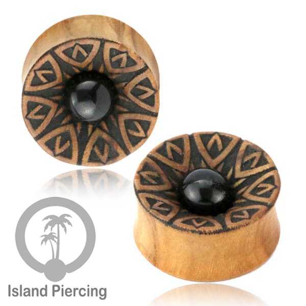 Ear Tunnel tindik buatan tangan dan engravir dengan tandung, batu Onyx dan Amethyst