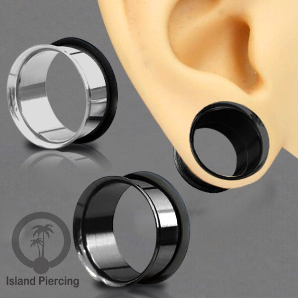 Ear-tunnel Anting Piercing Plug Stainless single flair warna silver &amp; hitam