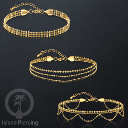 Gelang Kaki dari baja stainless warna emas. Steel anklets in many sizes.