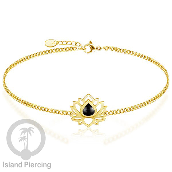Gelang lotus dari stainless steel dengan berbagai desain dan epoksi berwarna batu. Warna gold.