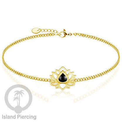 Gelang lotus dari stainless steel dengan berbagai desain dan epoksi berwarna batu. Warna gold.