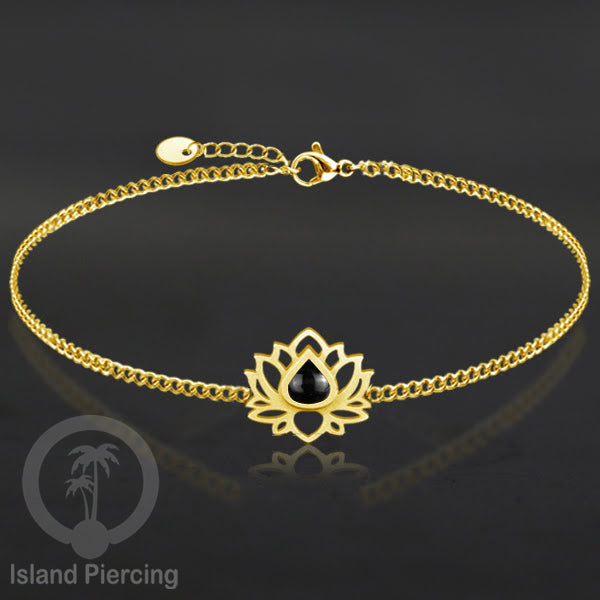 Gelang lotus dari stainless steel dengan berbagai desain dan epoksi berwarna batu. Warna gold.