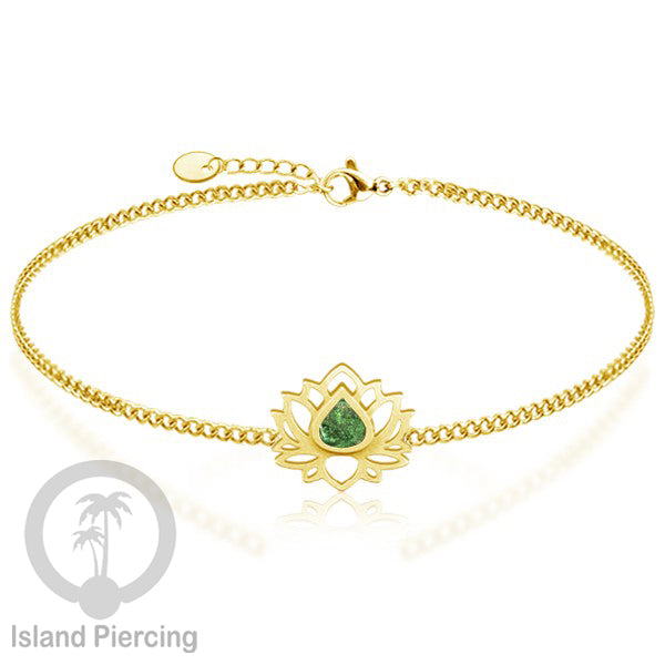 Gelang lotus dari stainless steel dengan berbagai desain dan epoksi berwarna batu. Warna gold.