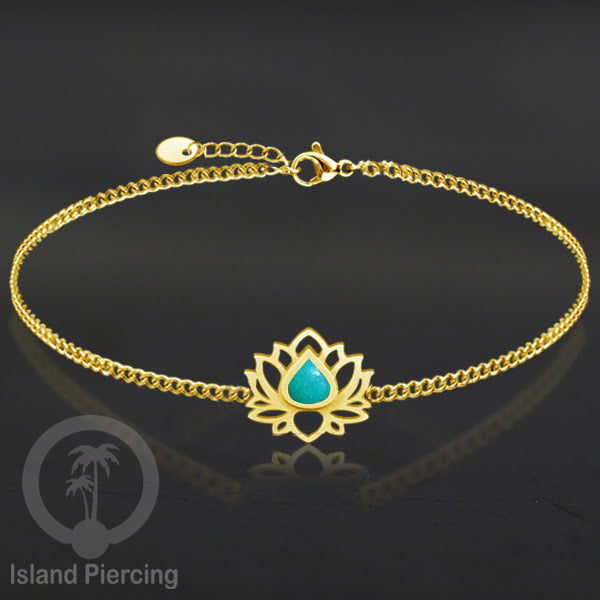 Gelang lotus dari stainless steel dengan berbagai desain dan epoksi berwarna batu. Warna gold.