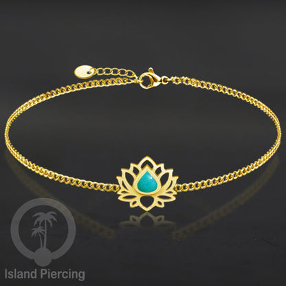 Gelang lotus dari stainless steel dengan berbagai desain dan epoksi berwarna batu. Warna gold.
