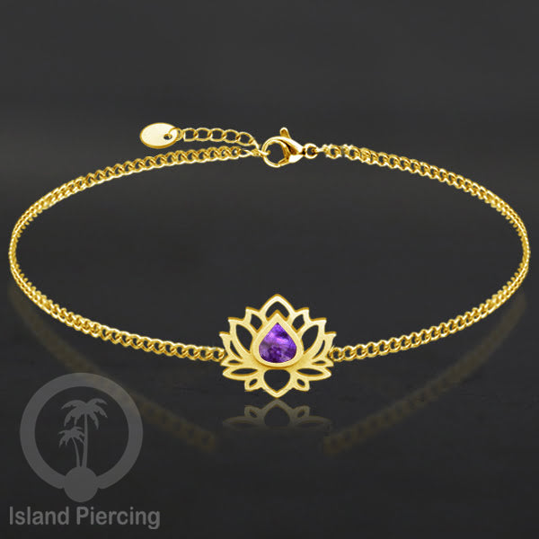 Gelang lotus dari stainless steel dengan berbagai desain dan epoksi berwarna batu. Warna gold.