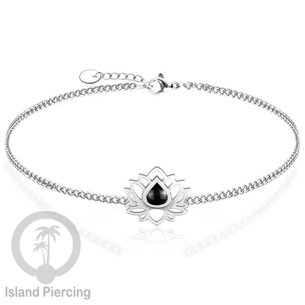 Gelang lotus dari stainless steel dengan berbagai desain dan epoksi berwarna batu. Warna silver.