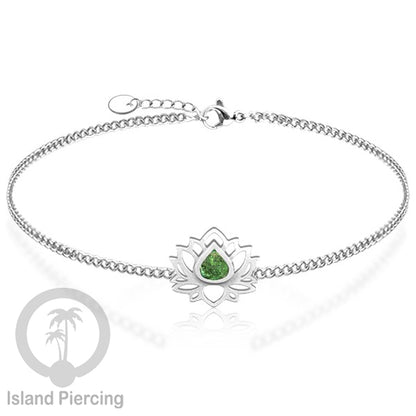 Gelang lotus dari stainless steel dengan berbagai desain dan epoksi berwarna batu. Warna silver.