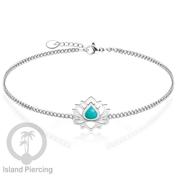 Gelang lotus dari stainless steel dengan berbagai desain dan epoksi berwarna batu. Warna silver.