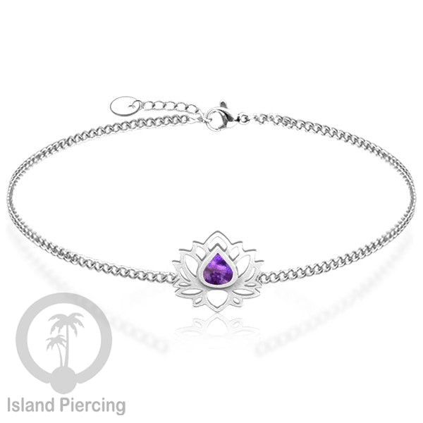 Gelang lotus dari stainless steel dengan berbagai desain dan epoksi berwarna batu. Warna silver.