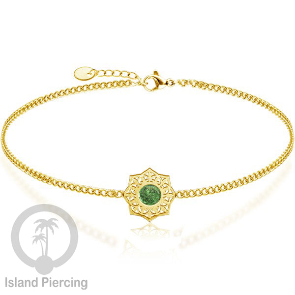 Gelang stainless steel berornamen dengan berbagai desain dan batu epoksi berwarna. Warna gold.