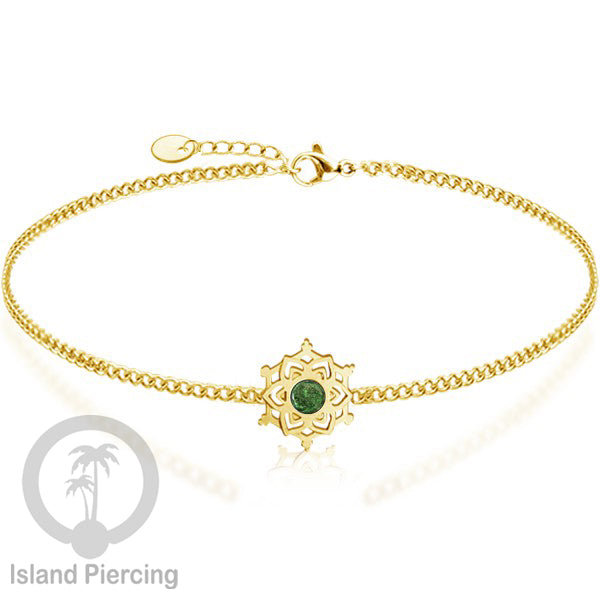 Gelang mandala dari stainless steel dengan berbagai desain dan batu epoksi berwarna. Warna gold.