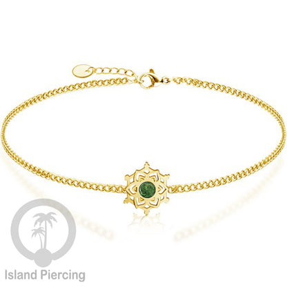 Gelang mandala dari stainless steel dengan berbagai desain dan batu epoksi berwarna. Warna gold.