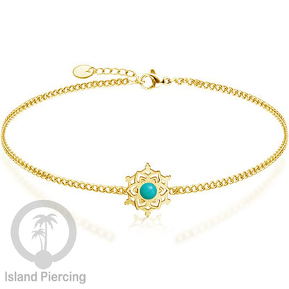 Gelang mandala dari stainless steel dengan berbagai desain dan batu epoksi berwarna. Warna gold.