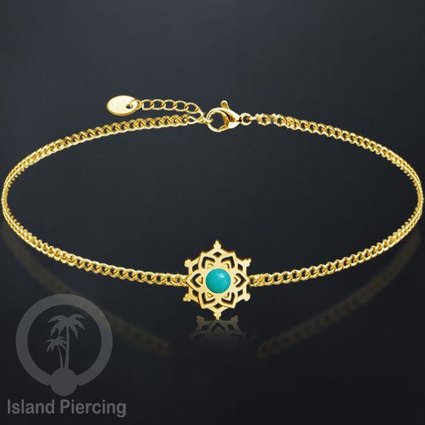 Gelang mandala dari stainless steel dengan berbagai desain dan batu epoksi berwarna. Warna gold.