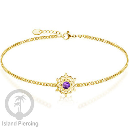 Gelang mandala dari stainless steel dengan berbagai desain dan batu epoksi berwarna. Warna gold.