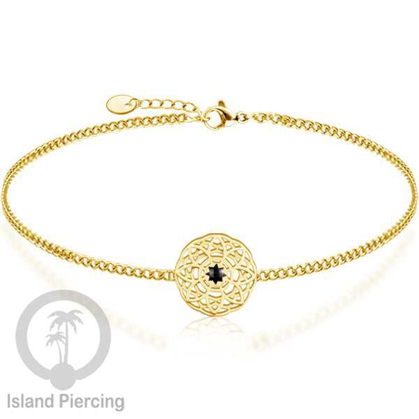 Gelang tribal lotus dari stainless steel dengan berbagai desain dan batu epoksi berwarna. Warna gold.