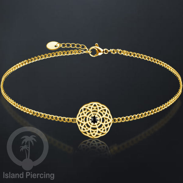 Gelang tribal lotus dari stainless steel dengan berbagai desain dan batu epoksi berwarna. Warna gold.