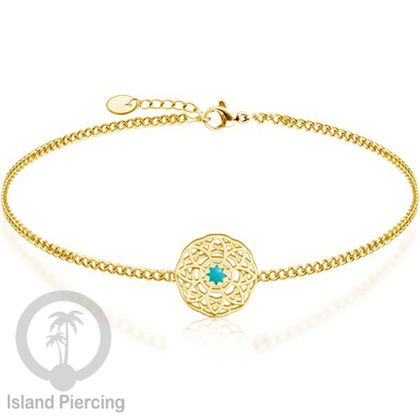 Gelang tribal lotus dari stainless steel dengan berbagai desain dan batu epoksi berwarna. Warna gold.