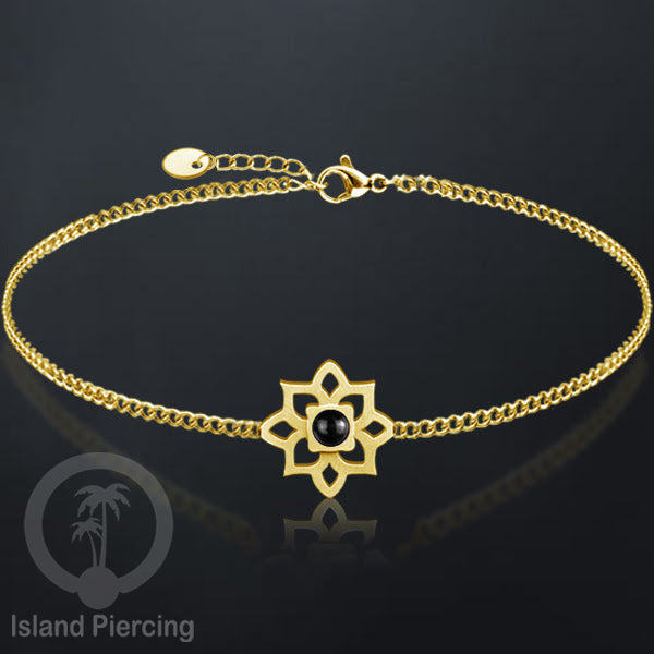 Gelang tribal lotus dari stainless steel dengan berbagai desain dan batu epoksi berwarna. Warna gold.