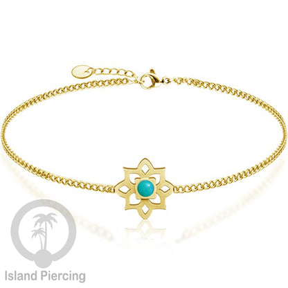 Gelang tribal lotus dari stainless steel dengan berbagai desain dan batu epoksi berwarna. Warna gold.