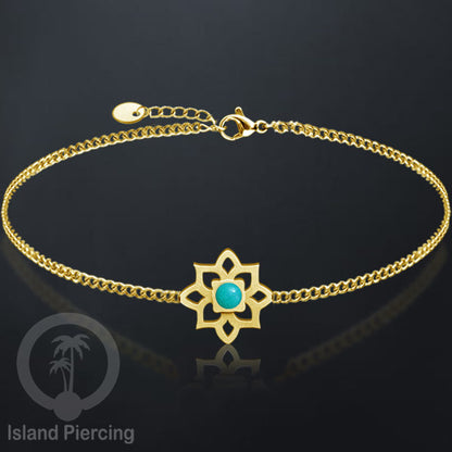 Gelang tribal lotus dari stainless steel dengan berbagai desain dan batu epoksi berwarna. Warna gold.