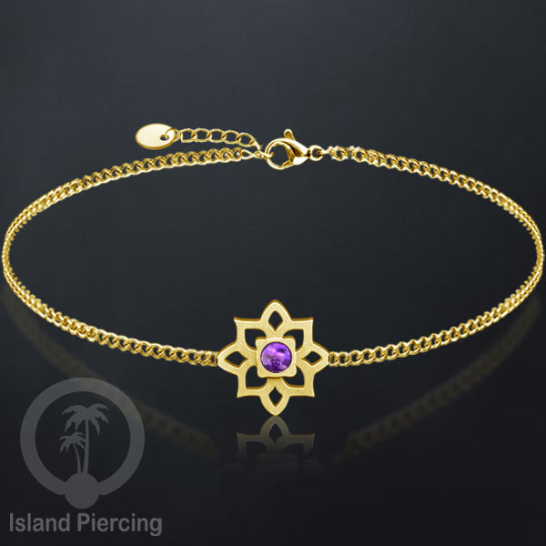 Gelang tribal lotus dari stainless steel dengan berbagai desain dan batu epoksi berwarna. Warna gold.