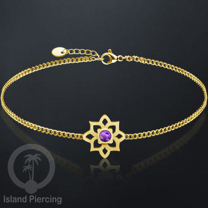 Gelang tribal lotus dari stainless steel dengan berbagai desain dan batu epoksi berwarna. Warna gold.