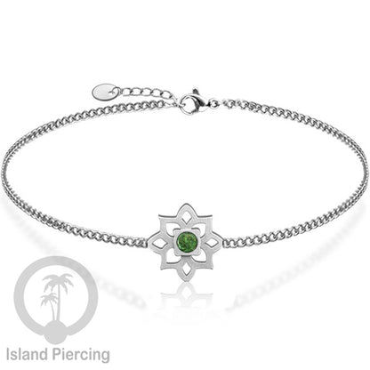 Gelang tribal lotus dari stainless steel dengan berbagai desain dan batu epoksi berwarna. Warna silver.