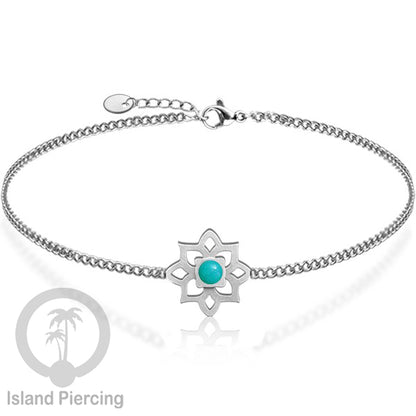 Gelang tribal lotus dari stainless steel dengan berbagai desain dan batu epoksi berwarna. Warna silver.