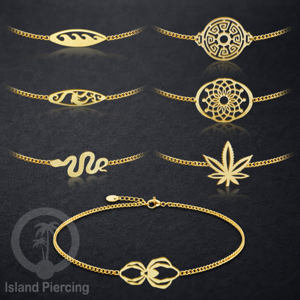 Gelang stainless steel, gelang laba-laba, gelang papan selancar, gelang ular, gelang mandala, warna gold.