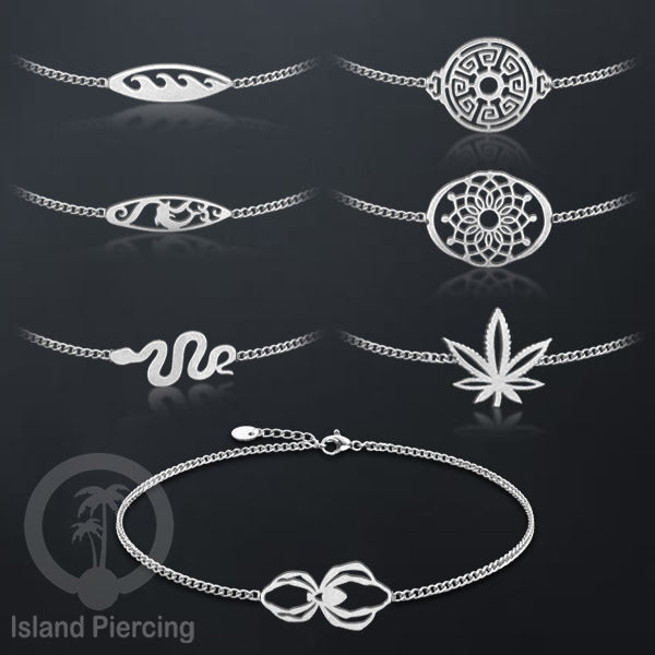 Gelang stainless steel, gelang laba-laba, gelang papan selancar, gelang ular, gelang mandala, warna silver.