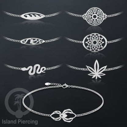 Gelang stainless steel, gelang laba-laba, gelang papan selancar, gelang ular, gelang mandala, warna silver.